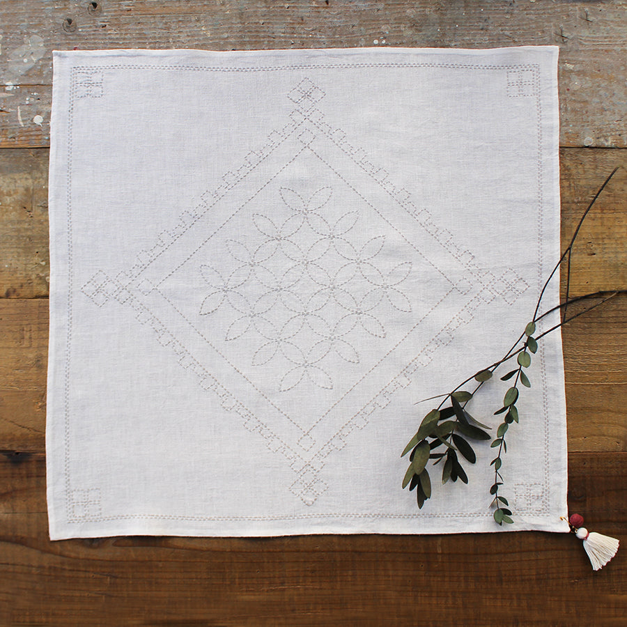 Product of Gifu Japan Hida Sashiko Kit, Japanese Traditional Pattern Sewing Set, Thread, Needle, Thimble, and 3 White Cottoncloth with Grid Line Print (Kit A)